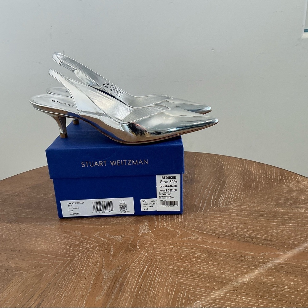 Stuart Weitzman Women Eva 50 Solid Slingback Heels Silver Specchio - Picture 3 of 3